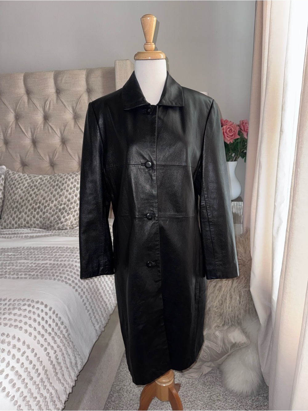 Kasper Black Long Leather Button-Front Coat